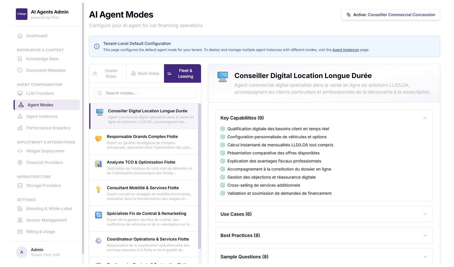 Interface Finzr AI Agent Modes - Configuration des agents IA